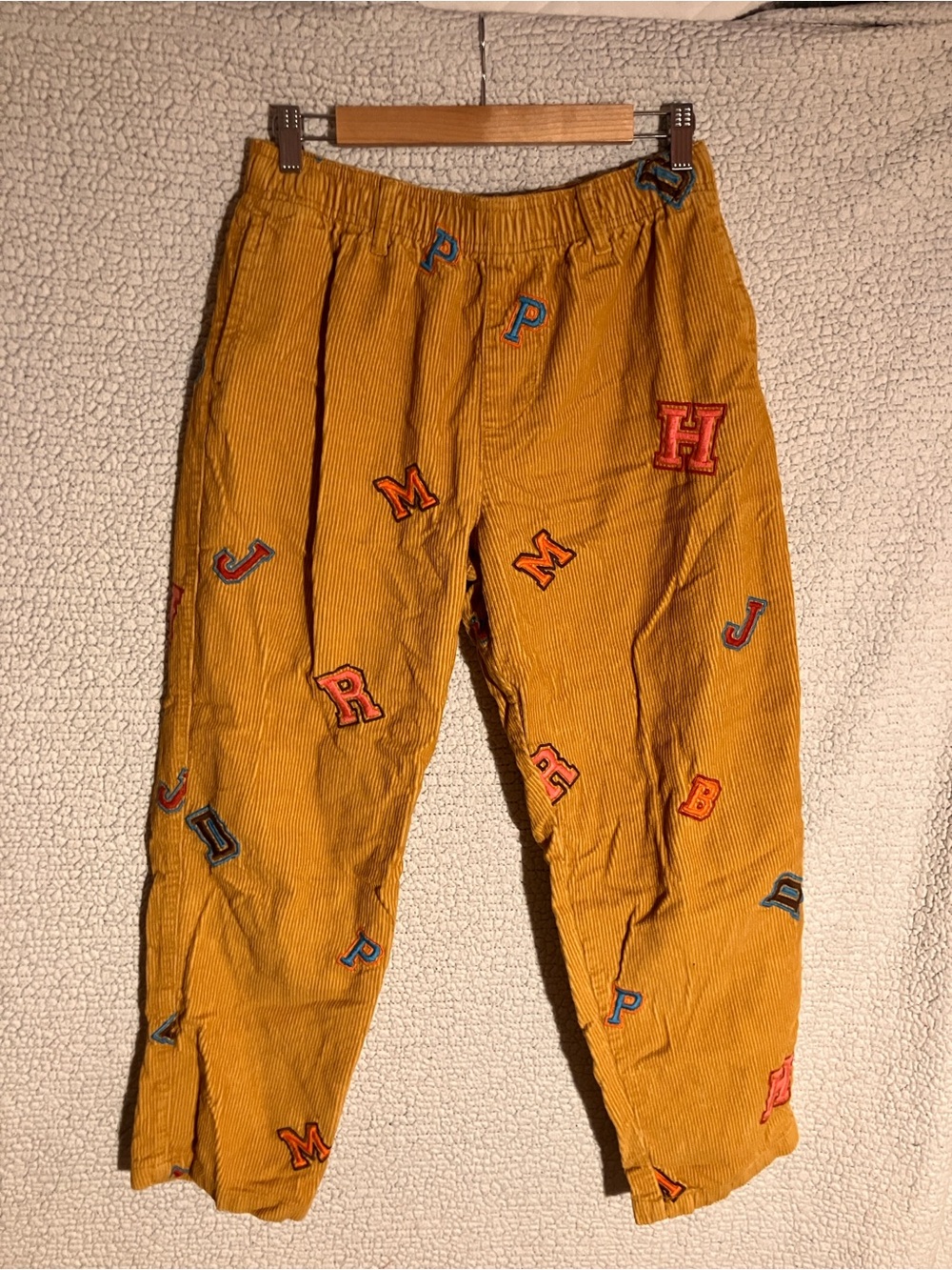 Mustard Yellow Corduroy Men’s Casual Pants with Letter Patches